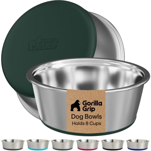 GORILLA GRIP Dog Bowls, Food Grade Stainless Steel, Set of 2, 8 Cup, Green | 304 Stainless Steel Pet Feeding Bowls Hold 64 fl oz Each, Dishwasher Safe, Rust Resistant, BPA Free Rubber Base - color: Hunter Green, size: 8 Cup (64 Oz)