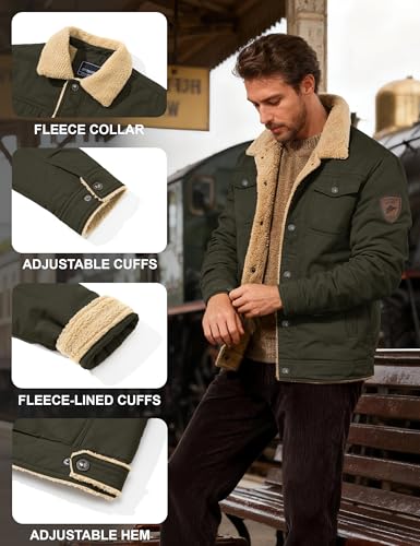 KEFITEVD Men's Winter Fleece Jacket Sherpa Lined Warm Cargo Trucker Coat - color: Army Green, size: Medium