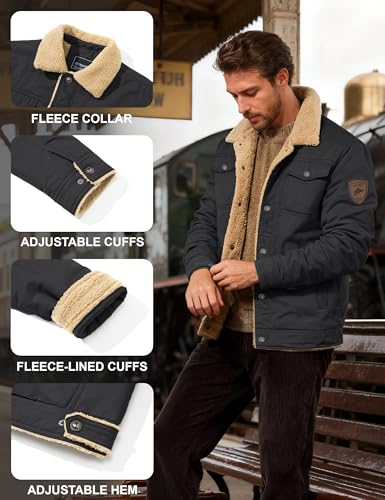 KEFITEVD Men's Winter Fleece Jacket Sherpa Lined Warm Cargo Trucker Coat - color: Dark Grey, size: X-Large