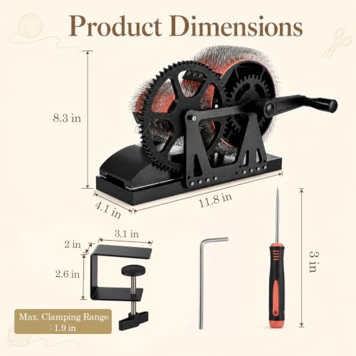 Drum Carders for Wool, Fiber Carding Machine with Brush and Awl, Hand Crank Wool Carder for Combing, Fiber Blending, Felting, Spinning Prep and DIY Yarn Crafts