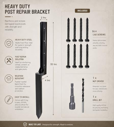 Fence Post Repair Kit 4 Pack, Heavy Duty One-Piece Steel Fence Post Anchor for 4x4 & 6x6 Wood Posts, Black Powder Coated Ground Spike Support, Repairs Leaning, Broken & Rotten Posts - color: Black 4 Pack