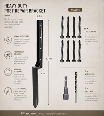Fence Post Repair Kit 4 Pack, Heavy Duty One-Piece Steel Fence Post Anchor for 4x4 & 6x6 Wood Posts, Black Powder Coated Ground Spike Support, Repairs Leaning, Broken & Rotten Posts - color: Black 4 Pack