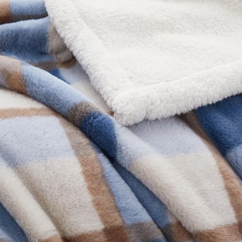 PU MEI Super Soft Faux Rabbit Fur Sherpa Fleece Throw Blanket, Reversible Luxury Cozy Cute Furry Blanket, Plush Warm Shaggy Fluffy Checkered Blankets for Sofa Couch Bed (Blue-Plaid, 60" x 80") - color: Blue-plaid, size: 60"*80"