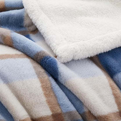 PU MEI Super Soft Faux Rabbit Fur Sherpa Fleece Throw Blanket, Reversible Luxury Cozy Cute Furry Blanket, Plush Warm Shaggy Fluffy Checkered Blankets for Sofa Couch Bed (Blue-Plaid, 60" x 80") - color: Blue-plaid, size: 60"*80"