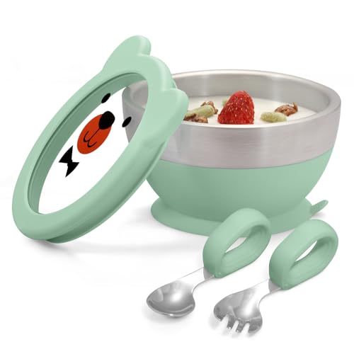 MR. CHOU Baby Suction Bowl Set with Spoon & Fork, Insulated Double-Layer 18/8 Stainless Steel Toddler Bowls with Silicone Suction Cup & BPA Free Airtight Lids, Green - color: Green-S