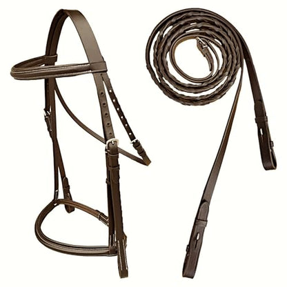 Majestic Ally Padded Raised English Bridle, Premium Leather, Matching Laced Reins - color: Brown, size: Pony