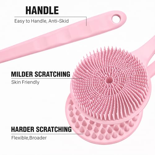 Silicone Body Scrubber for Shower Men Women – Dual-Sided Exfoliating & Massage Shower Brush with Long Handle, Creates Rich Lather, Includes 1 Hook & 2 Lather Balls (Pink). - color: Pink