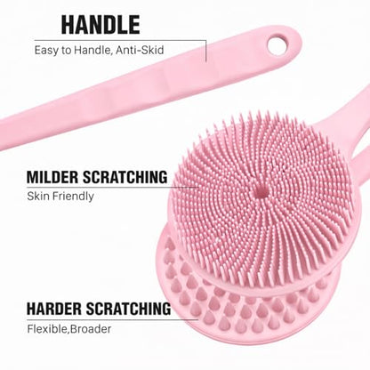 Silicone Body Scrubber for Shower Men Women – Dual-Sided Exfoliating & Massage Shower Brush with Long Handle, Creates Rich Lather, Includes 1 Hook & 2 Lather Balls (Pink). - color: Pink