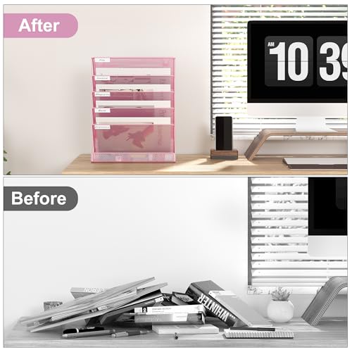 EasyPAG 5 Tier Wall File Holder, Mesh Hanging Folder Organizer with Classify Label, Versatile Desk File Holder, Vertical Wall Mounted Mail Organizer for Office Home Cubicle, Pink - color: Pink
