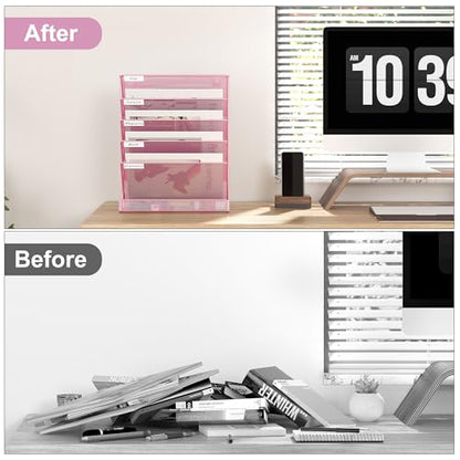 EasyPAG 5 Tier Wall File Holder, Mesh Hanging Folder Organizer with Classify Label, Versatile Desk File Holder, Vertical Wall Mounted Mail Organizer for Office Home Cubicle, Pink - color: Pink