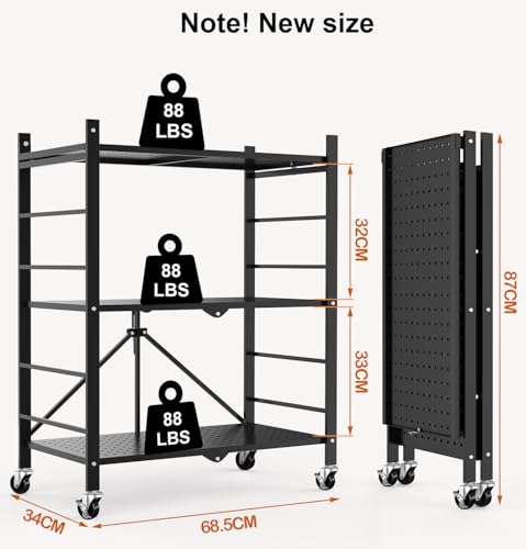 Himix 3 Tier Foldable Storage Shelf with Wheels 6 Hooks No Assembly Black - color: Black, size: 3-Tier
