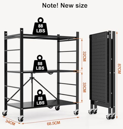 Himix 3 Tier Foldable Storage Shelf with Wheels 6 Hooks No Assembly Black - color: Black, size: 3-Tier