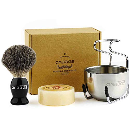 Anbbas Pure Badger Bristles Shaving Brush Black Wood Handle and Refill Soap Bar 100g,Stainless Steel Shaving Stand and Soap Cup Kit Perfect for Men | and Soap Bowl Stand Good Water Absorption Skin Friendly Lather No Shedding Easy To Clean Morning Personal