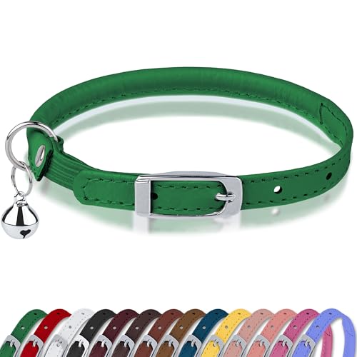 OOPSDOGGY Rolled Leather Cat Collar with Bell, Reflective Kitten Collars with Buckle Include Safety Elastic Strap - Adjustable Small Pet Collars for Boy Girl Cats (Green) - color: Green