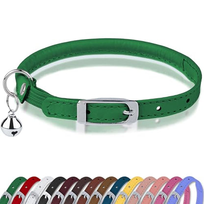 OOPSDOGGY Rolled Leather Cat Collar with Bell, Reflective Kitten Collars with Buckle Include Safety Elastic Strap - Adjustable Small Pet Collars for Boy Girl Cats (Green) - color: Green