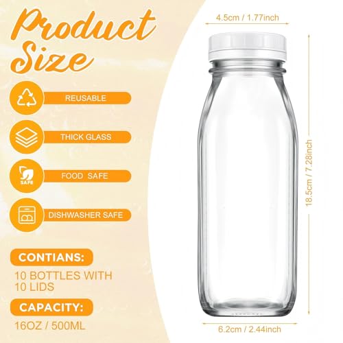 Suclain 10 Pack 16 oz Glass Milk Bottles with Lids, Clear Reusable Milk Containers, 100% Airtight Juice Water Bottles for Refrigerator Storage, Smoothies, Cold Brew, Honey, Oats, Tea, Kitchen Beverage