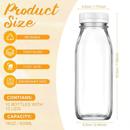 Suclain 10 Pack 16 oz Glass Milk Bottles with Lids, Clear Reusable Milk Containers, 100% Airtight Juice Water Bottles for Refrigerator Storage, Smoothies, Cold Brew, Honey, Oats, Tea, Kitchen Beverage