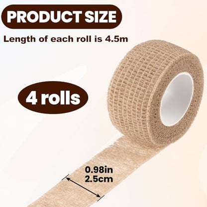 4 Rolls 1 Inch Self Adhesive Bandage Wrap, Beige - color: Beige