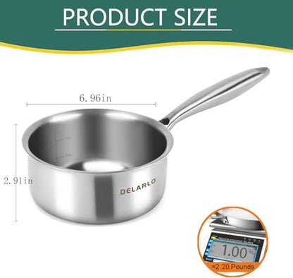DELARLO Full-body Clad Tri-ply Stainless Steel 1.5 Quart Saucepan with Lid - color: Silver, size: 1.5QT/SS