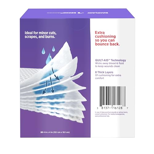 BAND-AID Brand Cushion-Care Gauze Pads, Large Size, 4 in x 4 in, 25 Count - size: 4x4 Inch (Pack of 25)