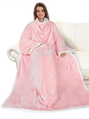 Catalonia Sherpa Wearable Blanket with Sleeves Arms,Super Soft Warm Comfy Large Fleece Plush Sleeved TV Throws Wrap Robe Blanket for Adult Women and Men Pink - color: Pink, size: Standard Pocket