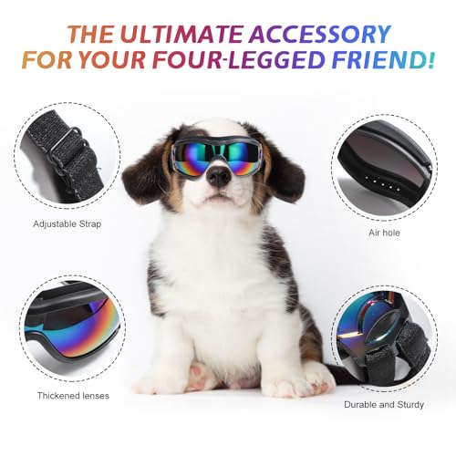 Dog Sunglasses Dog Goggles, UV Wind Dust Fog Protection Pet Glasses Eye Wear with Adjustable Strap for Medium or Large Size (Laser)