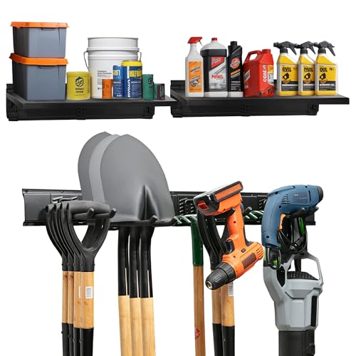 TIDYME Garage Tool Organizer Wall Mount 64", 2 Shelves & 4 Single Hooks | 2x16.5 in floating shelves hold 120 lbs each, 8.5 in hooks 50 lbs each, anti-rust carbon steel, garage organization - size: 64" Carbon Steel with 2 Shelves & Single Hooks
