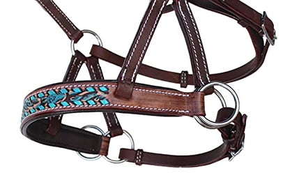 CHALLENGER Horse Western Leather Bitless Sidepull Bridle Split Reins 77RS25 - color: Brown/Turquoise
