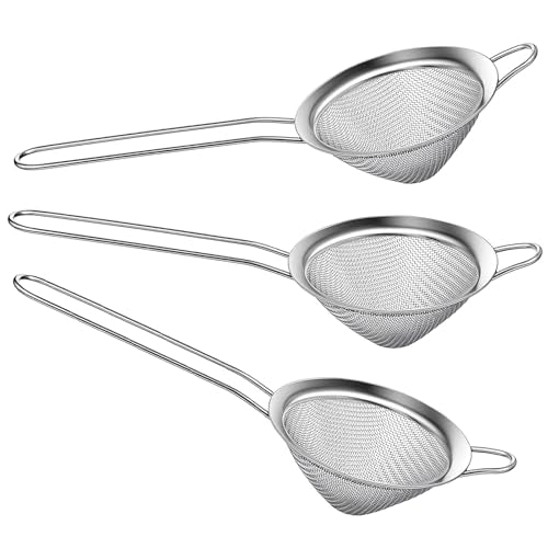 3 PCS Small Strainer, Stainless Steel Small Fine Mesh Strainer with Handle Sieve Sifter Tool for Kitchen Bar Food Loose Leaf Cocktail Juicing, Silver