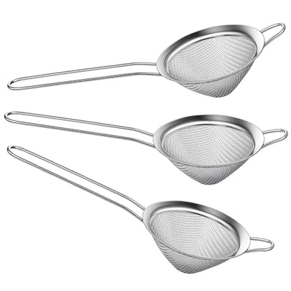 3 PCS Small Strainer, Stainless Steel Small Fine Mesh Strainer with Handle Sieve Sifter Tool for Kitchen Bar Food Loose Leaf Cocktail Juicing, Silver