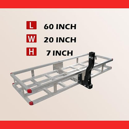 60 x 20 x7 Aluminum Cargo Carrier Hitch Mount | 500lb Heavy Duty Folding Luggage Rack - Powder Coated 2" Angled Shank for Ground Clearance - Rustproof Vehicle Cargo Basket for SUV & Truck Storage - color: Aluminum 60x20x7 inch