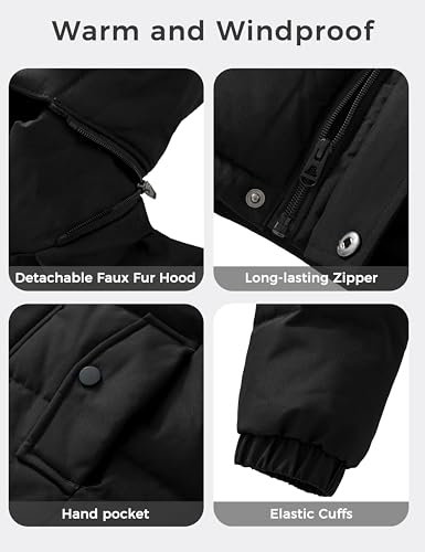 wantdo Boy's Winter Puffer Coats Thick Warm Snow Jacekets Detachable Hood | Removable Faux Fur, Fleece Lining, Windproof, Machine Washable - color: Black, size: 8-9