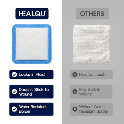 HEALQU Super Absorbent Adhesive Dressing 4x4 (10 Pack) - Sterile Self-Adhesive Island Dressing Pad with High-Capacity SAP Core - Breathable Bordered Gauze for High Exudate, Surgical Wounds, & Ulcers