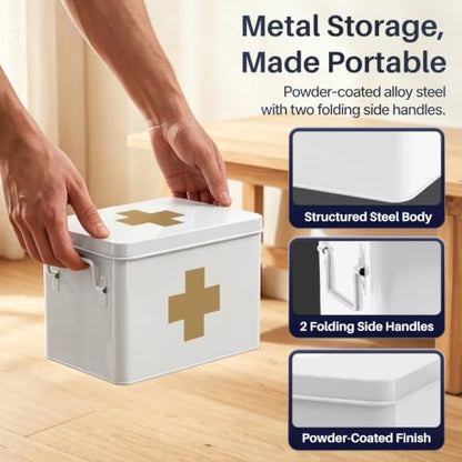 Flexzion Large Metal First Aid Box Empty, 8.5-Inch, White with Gold Cross - color: White - Gold Cross, size: 8.5 Inch without Latch Lock