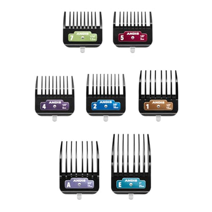 Andis 562014 Premium Clip Animal Comb Set – Built with Plastic, Includes 7 Color Coded Combs of Different Sizes, Metal Clip to Attach Comb - Fits Ultra Edge & Ceramic Edge Blades, Multicolor - style: New Version