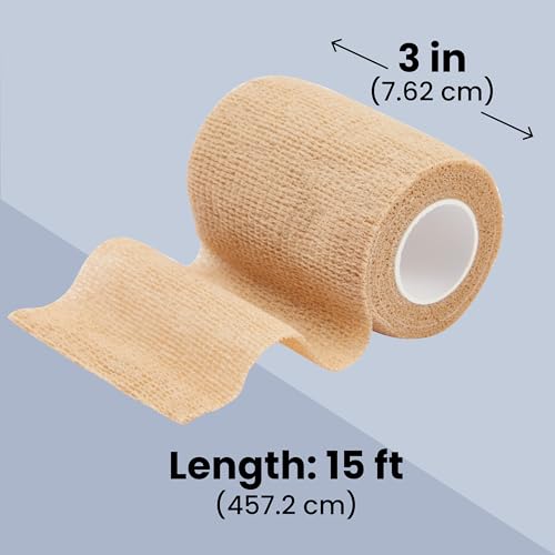 Juvale Self-Adherent Cohesive Wrap - Breathable Support Athletic Tape - Snug Fit for Tattoo Equipment - Swelling & Strain Aid Sports Tape - 3 in x 5 yd, Pack of 12, Tan - size: 3" x 5 Yards