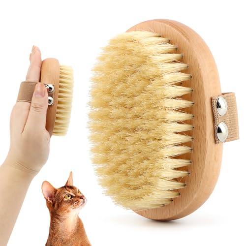 Soft Boar Bristle Pet Palm Brush for Short Haired Dogs and Cats, Ergonomic Pet Brush with Band, Natural Bristle Grooming Brus-h for Gentle Massage/Reduces Shedding(COLOR:Wood)