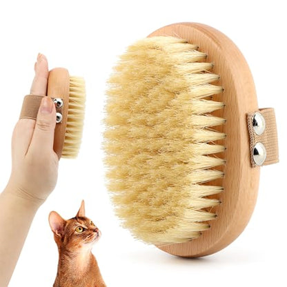 Soft Boar Bristle Pet Palm Brush for Short Haired Dogs and Cats, Ergonomic Pet Brush with Band, Natural Bristle Grooming Brus-h for Gentle Massage/Reduces Shedding(COLOR:Wood)