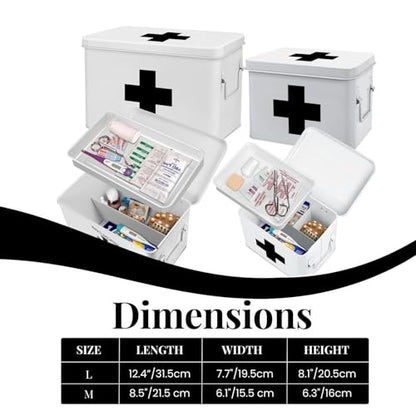 Flexzion Large Metal First Aid Box Empty, 13-Inch, White with Black Cross - color: White - Black Cross, size: 13 Inch without Latch Lock