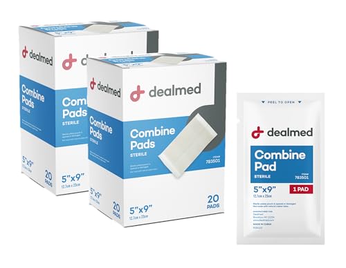 Dealmed Abdominal Combine Pads 5x9 - Sterile Non Adherent - 40 Pack | Polyester Material, Extra Thick Core, Individually Wrapped, Sealed Edges, Heavy Drainage Care, Post Operative Use, 2x20 Count - size: 5" x 9", style: Pack of 2