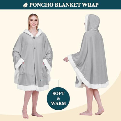 PAVILIA Hooded Blanket Poncho Fleece Wearable Shawl Wrap Throw, Light Grey | Fleece Shawl Wrap with Hood, Adult Wearable Blanket, Cozy Warm Poncho Cape Throw with Pockets, Gift for Elderly Mom - color: Light Grey