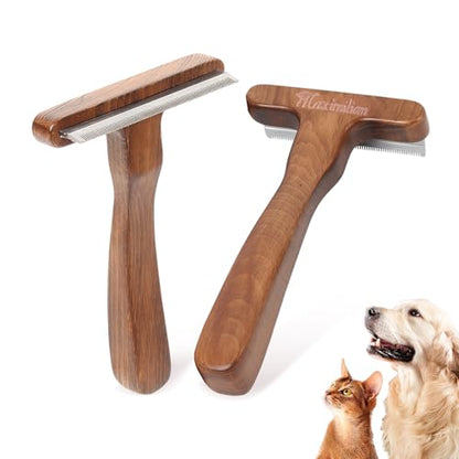 MaximiLian Medium T-Shaped Deshedding Dog Brush with Solid Wood Handle | Stainless Steel Blades,Undercoat Rake for Dogs&Cats,Dog Brush for Shedding,Pet Deshedding Tool,Remove Loose Hair Mats Tangles