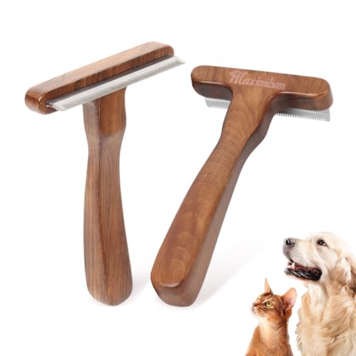 MaximiLian Medium T-Shaped Deshedding Dog Brush with Solid Wood Handle | Stainless Steel Blades,Undercoat Rake for Dogs&Cats,Dog Brush for Shedding,Pet Deshedding Tool,Remove Loose Hair Mats Tangles