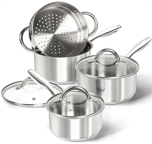 MICHELANGELO Stainless Steel Pot Set with Steamer, 1QT & 2QT & 3QT, 7-Piece - size: 1+2+3QT