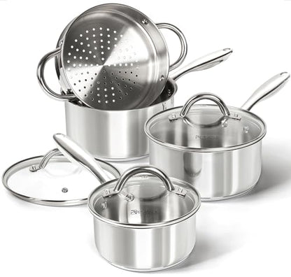 MICHELANGELO Stainless Steel Pot Set with Steamer, 1QT & 2QT & 3QT, 7-Piece - size: 1+2+3QT