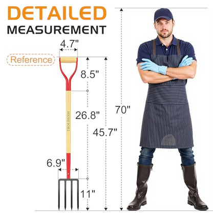 Pitch Fork Pitchfork,4-Tine 45Inch Wood Y-Grip Garden Spading Fork | Heavy duty steel fork,wide anti-clog tines,hardwood Y grip for clay soil, compost, mulch and vegetable gardening.