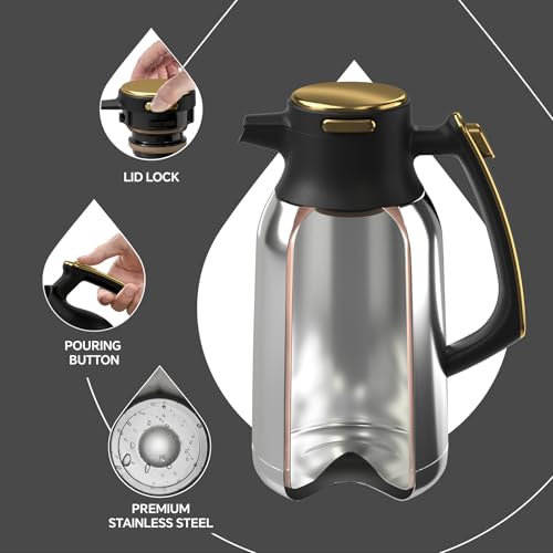 IDEUS Thermal Coffee Carafe 68oz, Beverage Dispenser Black-Gold | Stainless Steel Double Wall Vacuum Insulation Creamer Pitcher Water Jug Coffee Server, Coffee Carafe for Keeping Hot and Cold - color: Black-Gold, size: 68 Ounces
