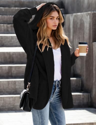 Zilcremo Women Hooded Cardigan Open Front Fuzzy Jacket - color: Black, size: Small