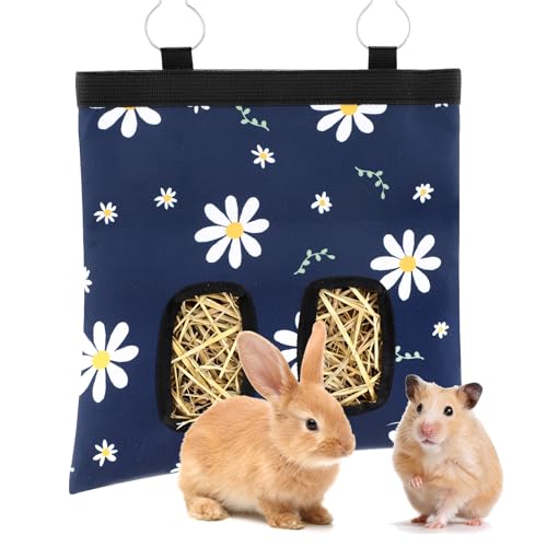 Ondware Hay Feeder Bag for Rabbits & Guinea Pigs, Hanging Dual-Port, Blue