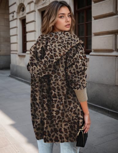 Zilcremo Women Hooded Cardigan Open Front Fuzzy Jacket - color: Leopard, size: Medium